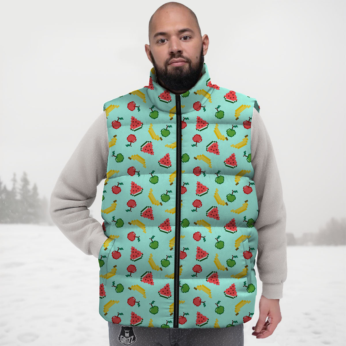 Fruits Pixel Print Pattern Down Vest-grizzshop
