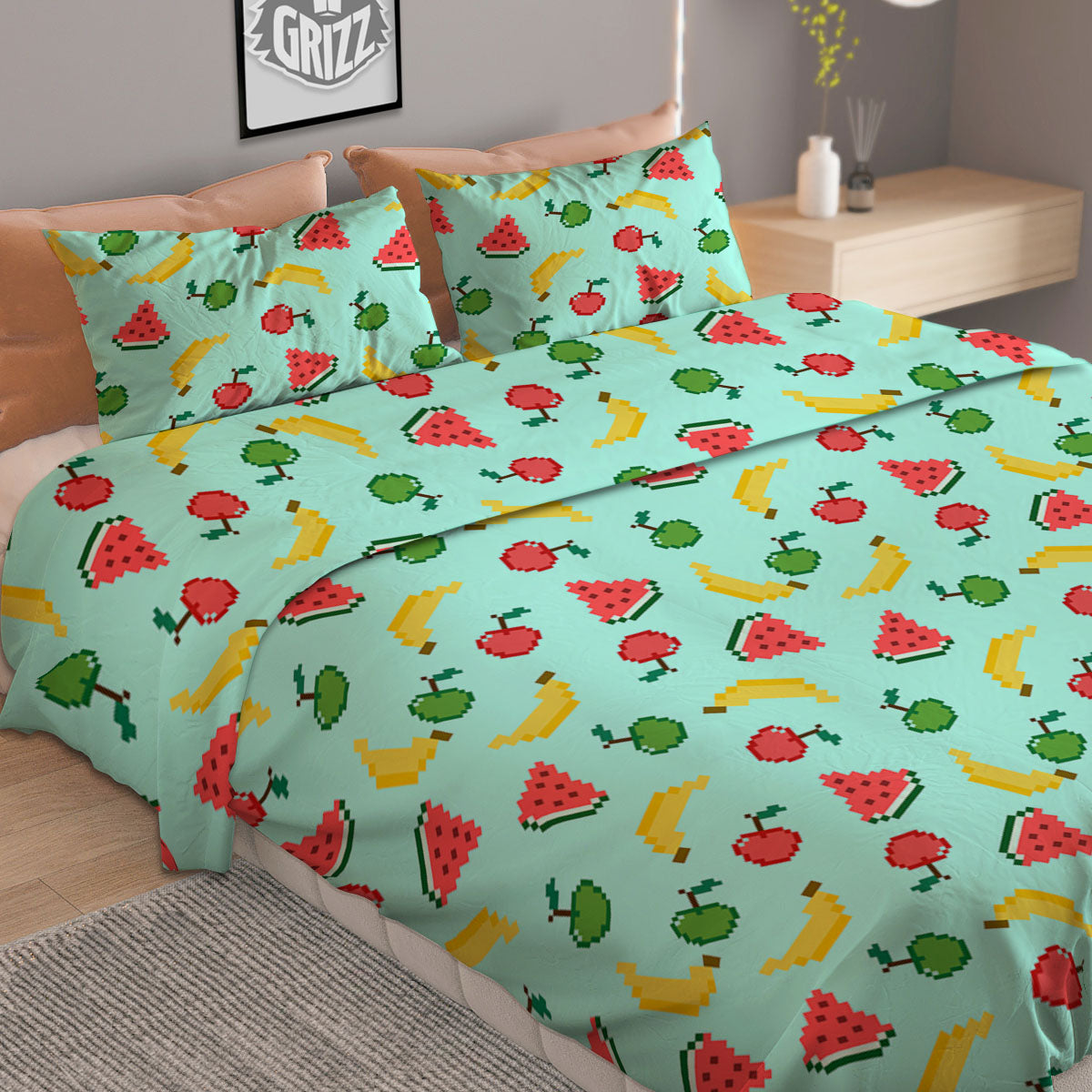 Fruits Pixel Print Pattern Duvet Cover Bedding Set-grizzshop