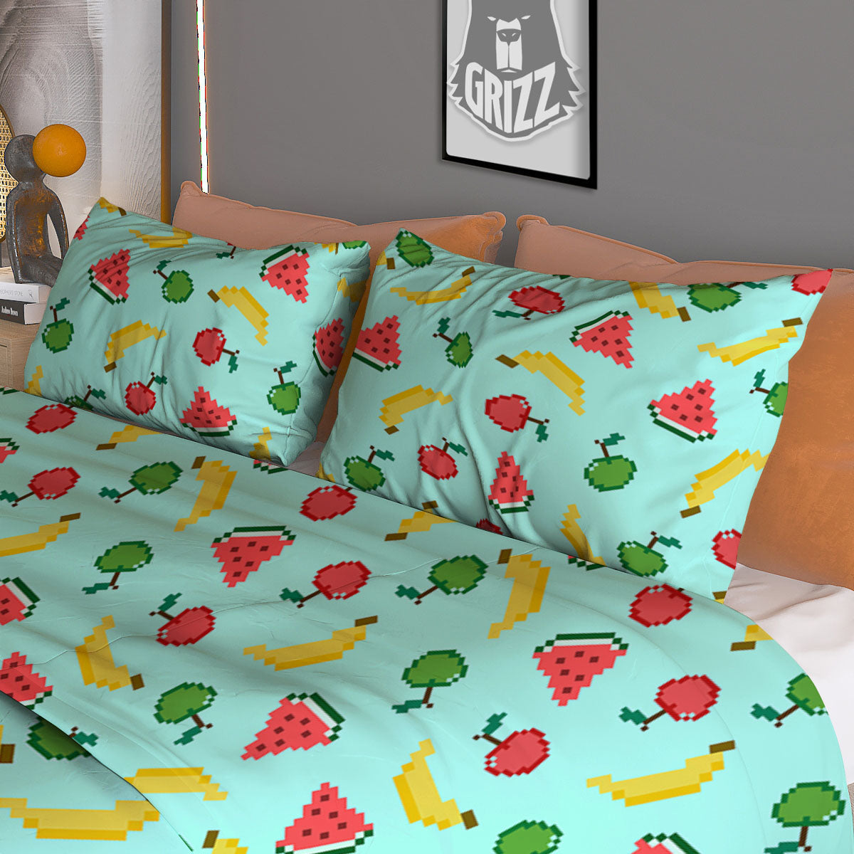 Fruits Pixel Print Pattern Duvet Cover Bedding Set-grizzshop