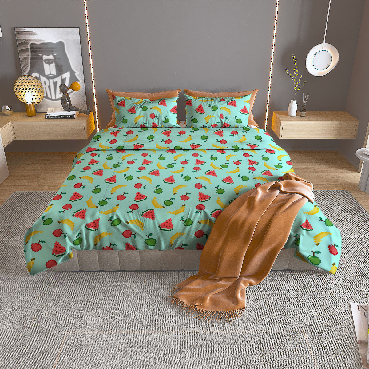 Fruits Pixel Print Pattern Duvet Cover Bedding Set-grizzshop