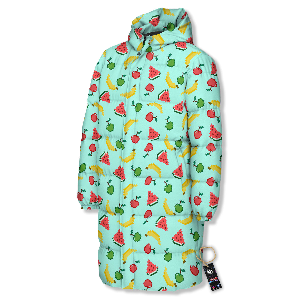 Fruits Pixel Print Pattern Long Down Jacket-grizzshop