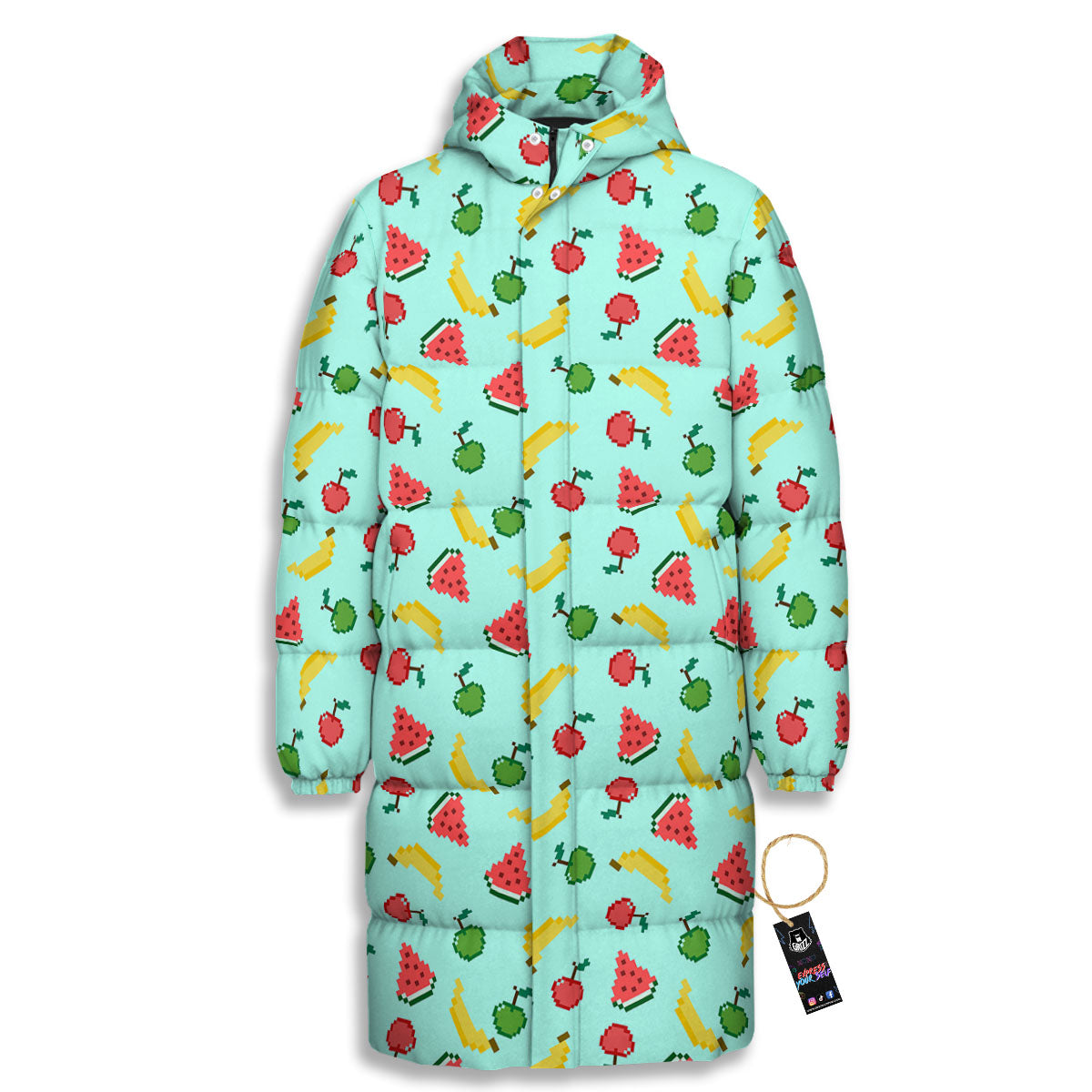 Fruits Pixel Print Pattern Long Down Jacket-grizzshop