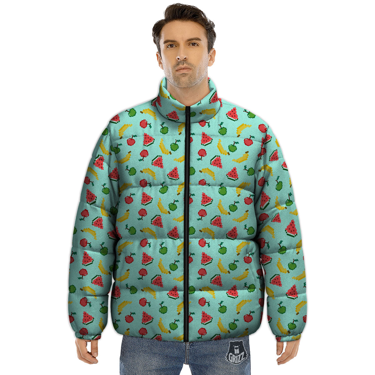 Fruits Pixel Print Pattern Puffer Jacket-grizzshop