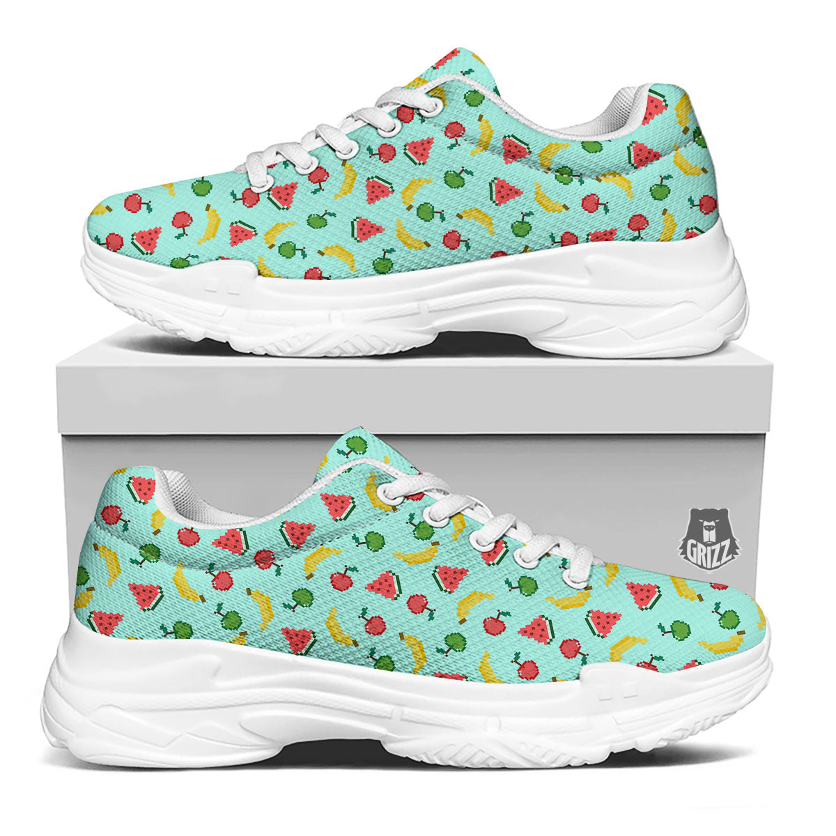 Fruits Pixel Print Pattern White Chunky Shoes-grizzshop