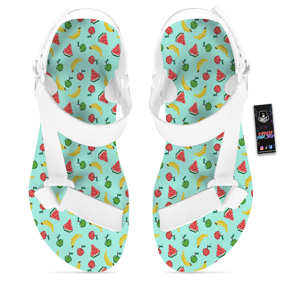 Fruits Pixel Print Pattern White Open Toe Sandals-grizzshop