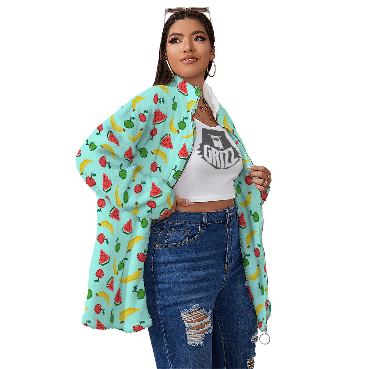 Fruits Pixel Print Pattern Women's Sherpa Jacket-grizzshop