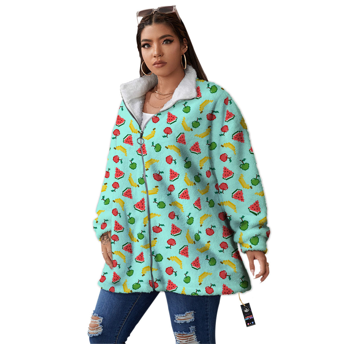 Fruits Pixel Print Pattern Women's Sherpa Jacket-grizzshop