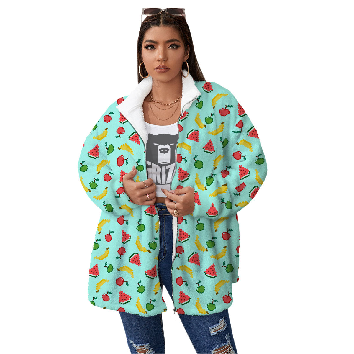 Fruits Pixel Print Pattern Women's Sherpa Jacket-grizzshop