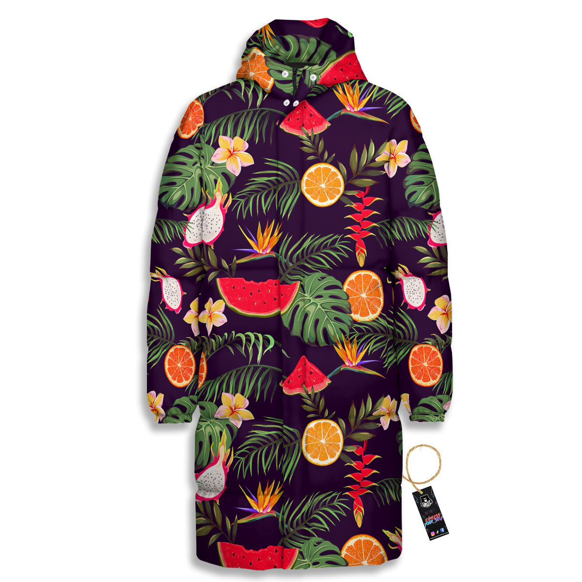 Fruits Tropical Print Pattern Long Down Jacket-grizzshop