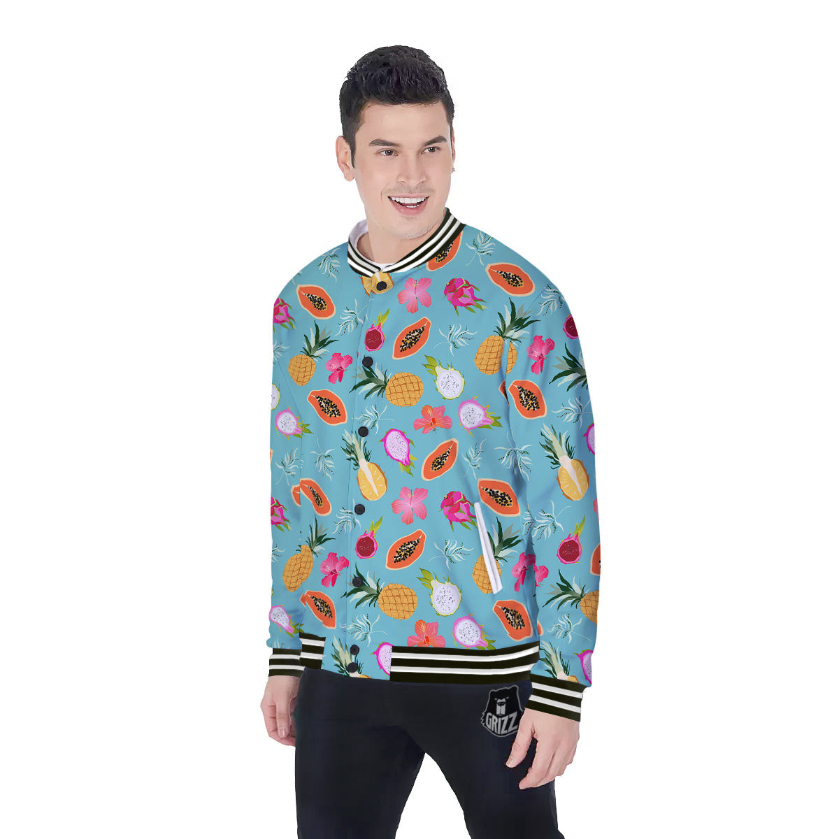 Fruits Turquoise Hawaiian Print Pattern Baseball Jacket-grizzshop