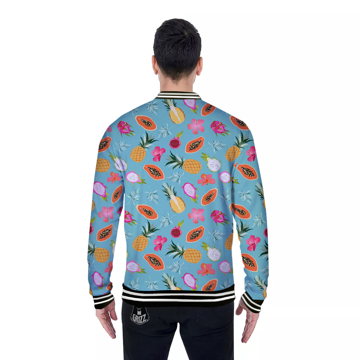 Fruits Turquoise Hawaiian Print Pattern Baseball Jacket-grizzshop