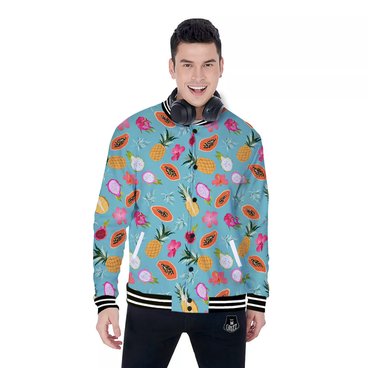 Fruits Turquoise Hawaiian Print Pattern Baseball Jacket-grizzshop