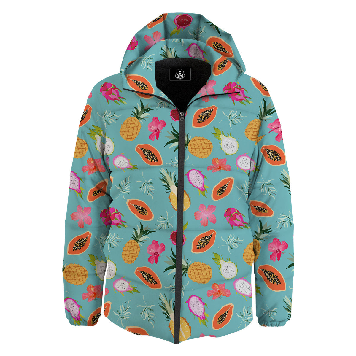 Fruits Turquoise Hawaiian Print Pattern Down Jacket-grizzshop