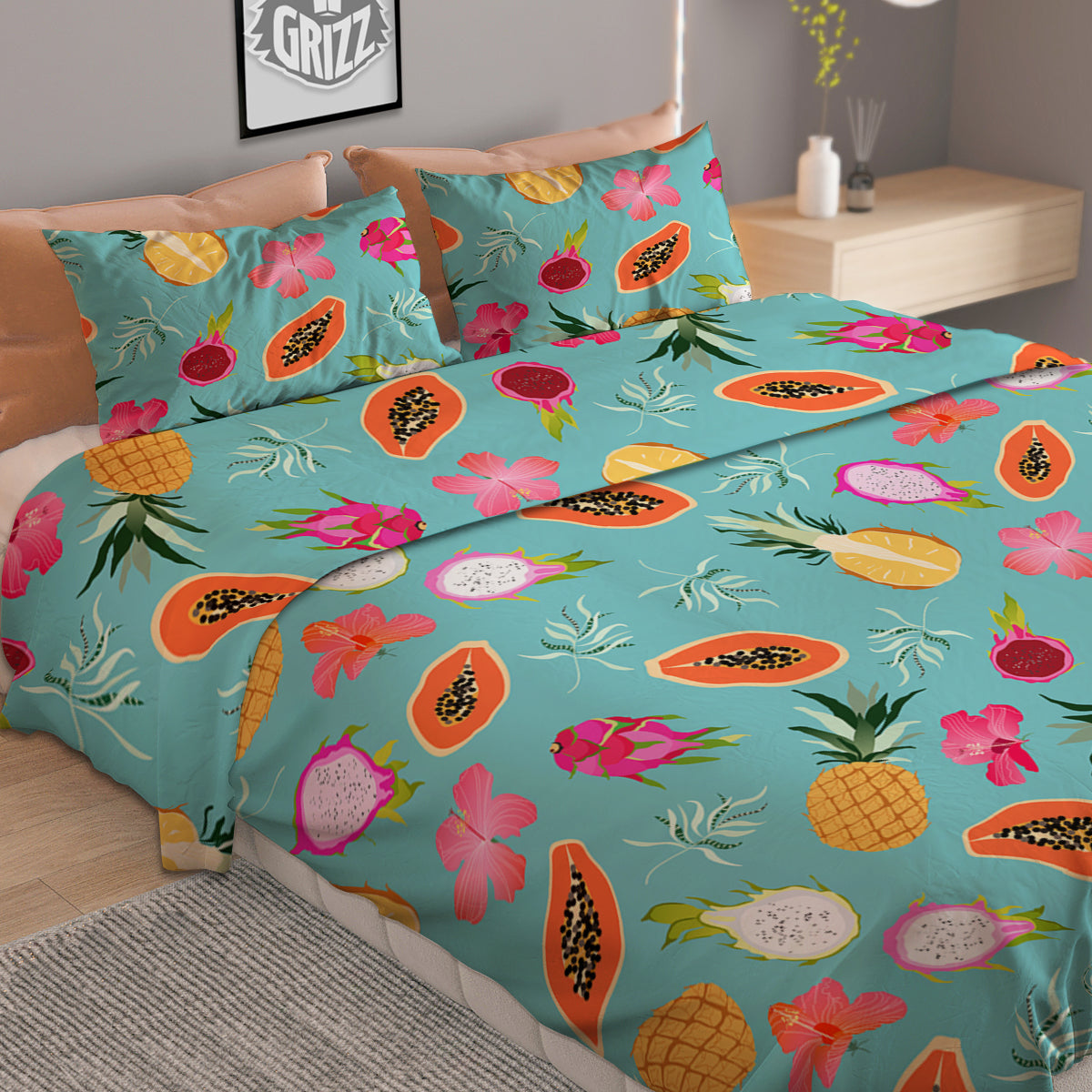 Fruits Turquoise Hawaiian Print Pattern Duvet Cover Bedding Set