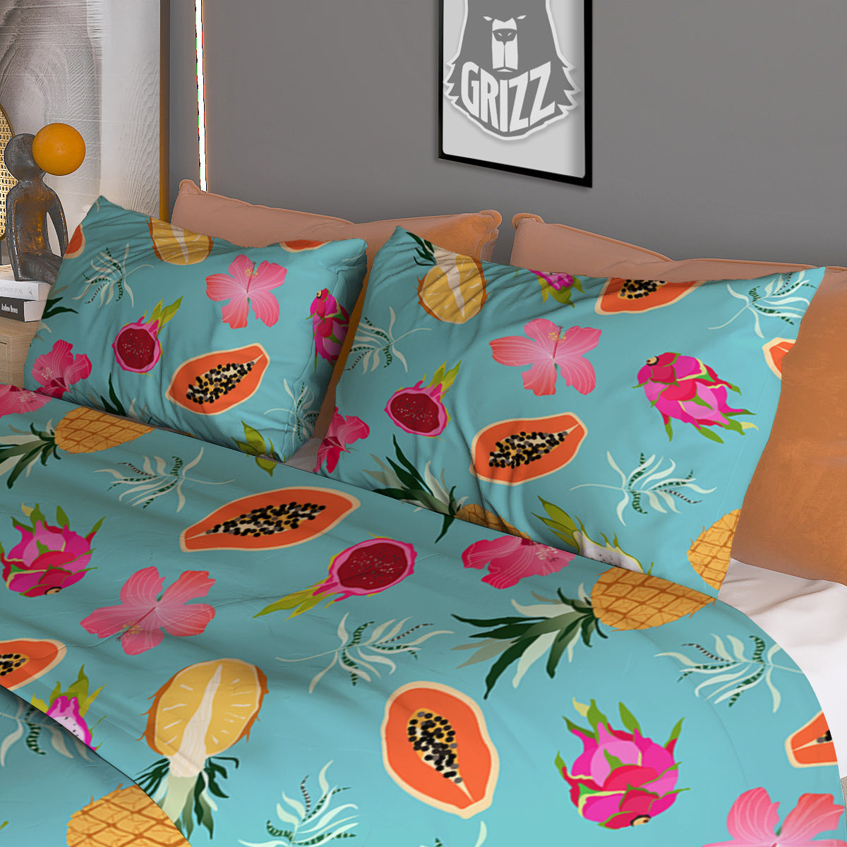 Fruits Turquoise Hawaiian Print Pattern Duvet Cover Bedding Set