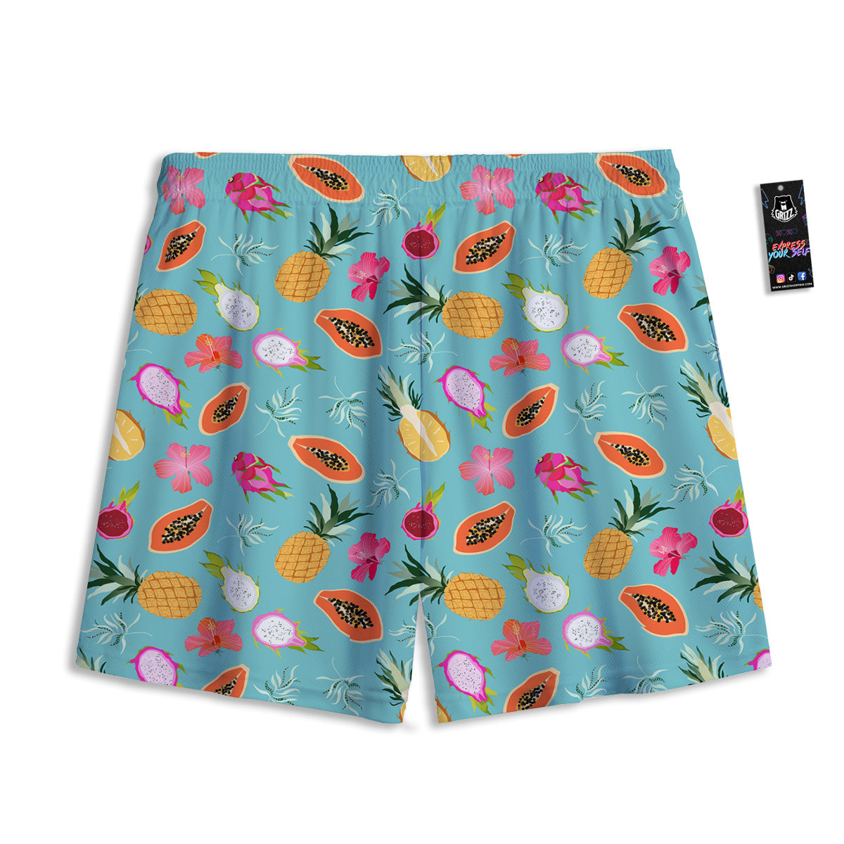 Fruits Turquoise Hawaiian Print Pattern Mesh Shorts