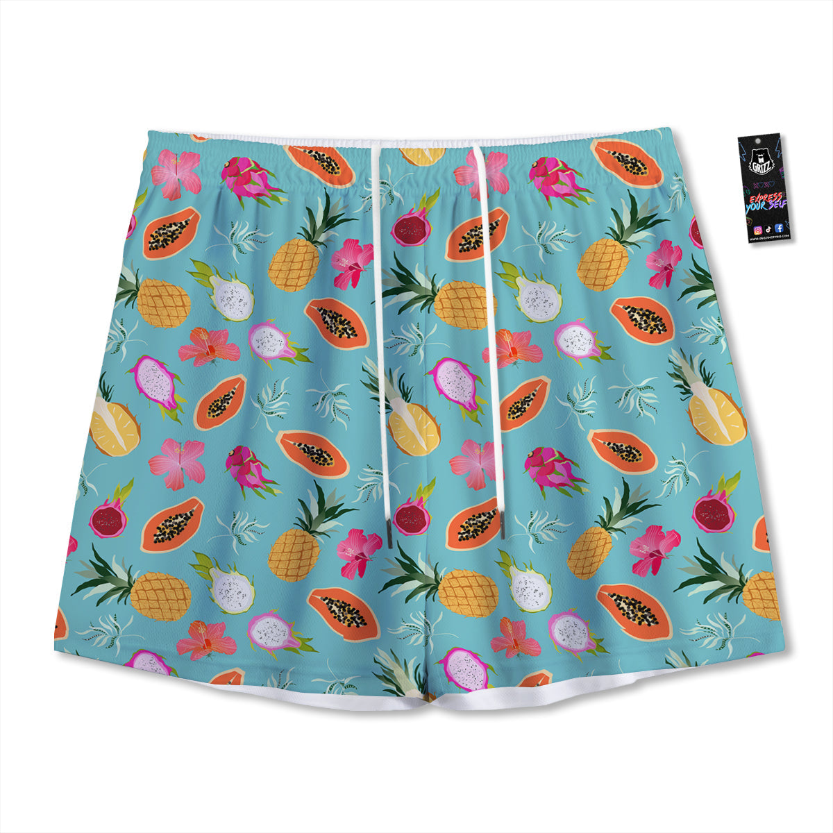 Fruits Turquoise Hawaiian Print Pattern Mesh Shorts