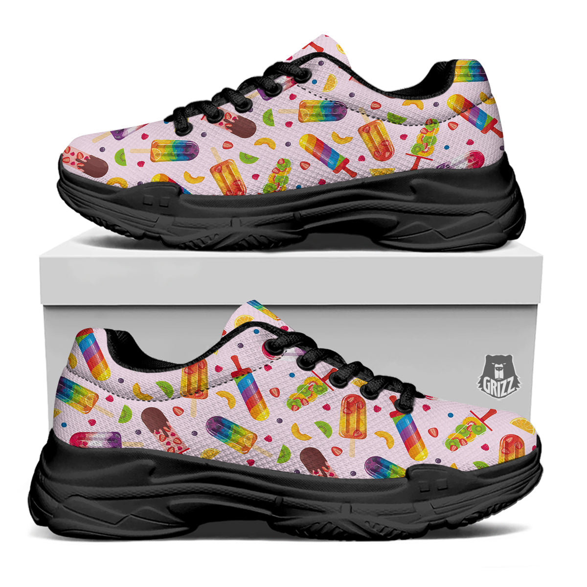 Fruity Ice Cream Print Pattern Black Chunky Shoes-grizzshop