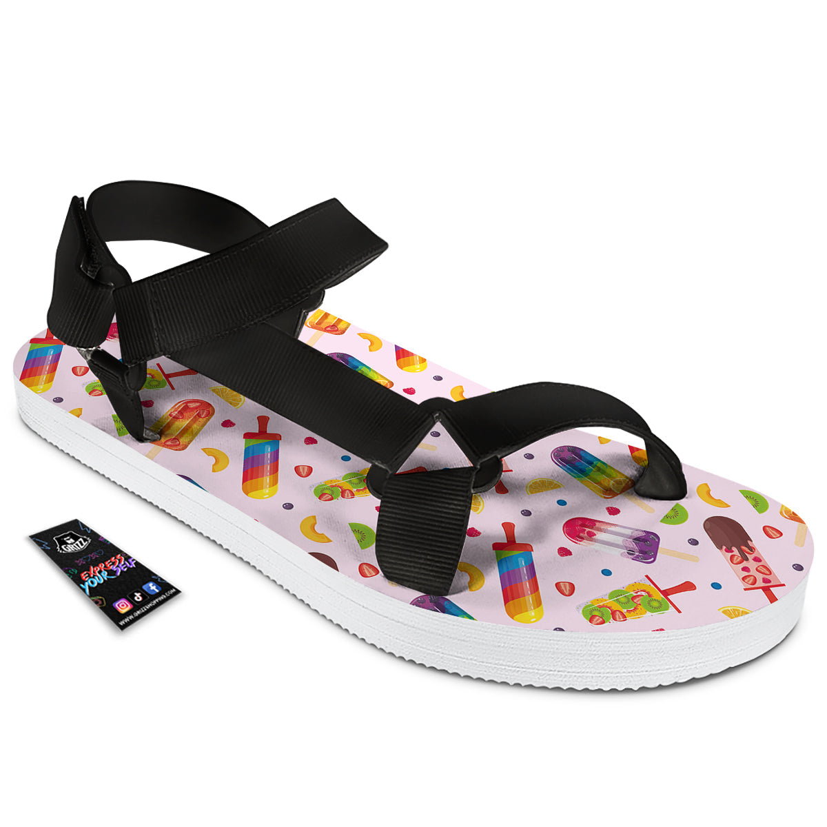 Fruity Ice Cream Print Pattern Black Open Toe Sandals-grizzshop