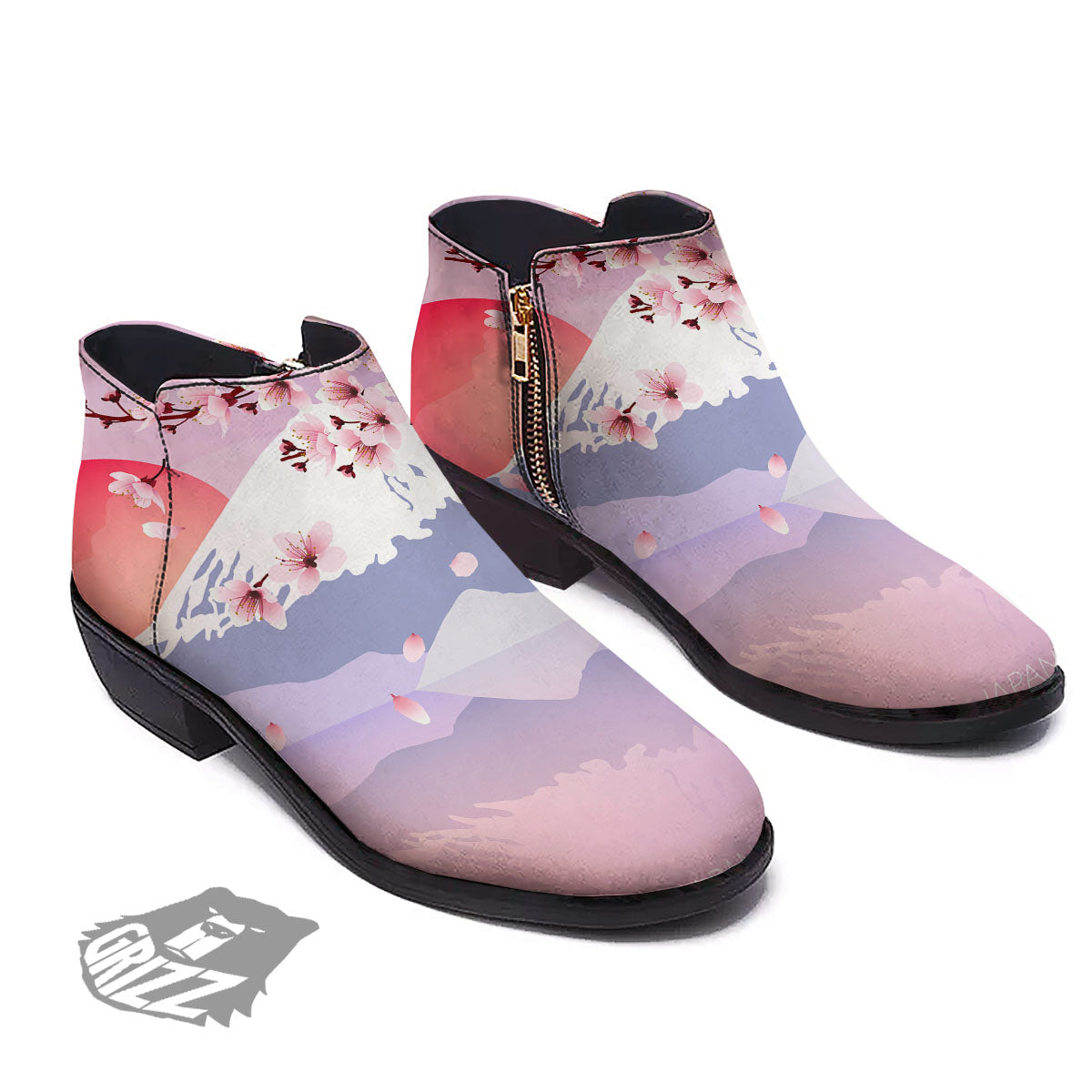 Fuji Mount And Cherry Blossom Print Ankle Boots-grizzshop