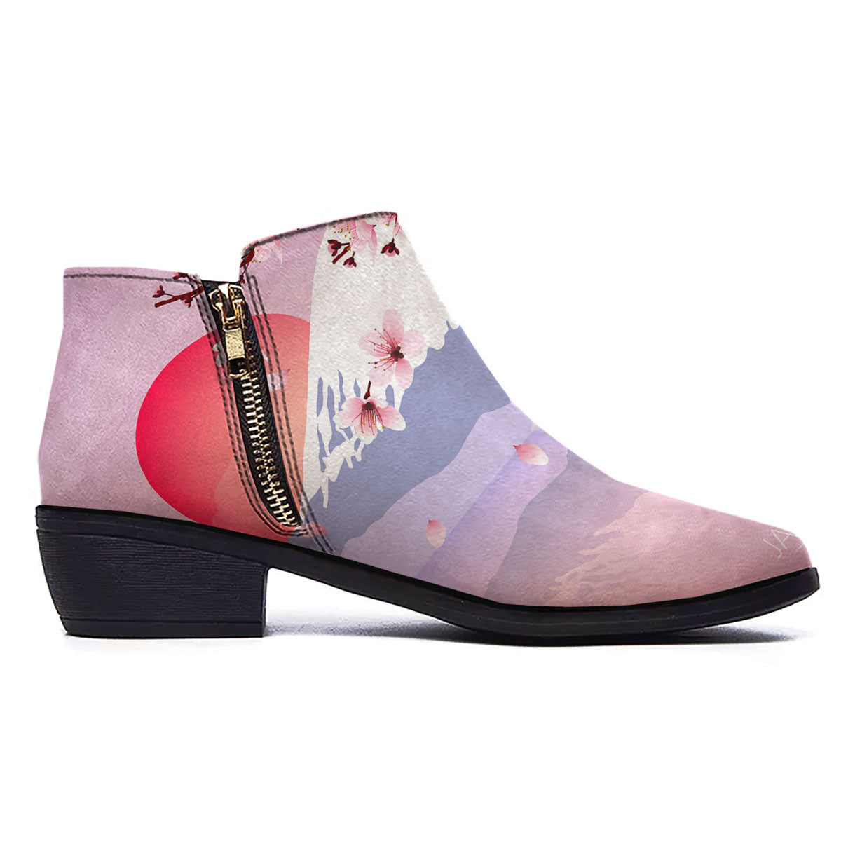 Fuji Mount And Cherry Blossom Print Ankle Boots-grizzshop