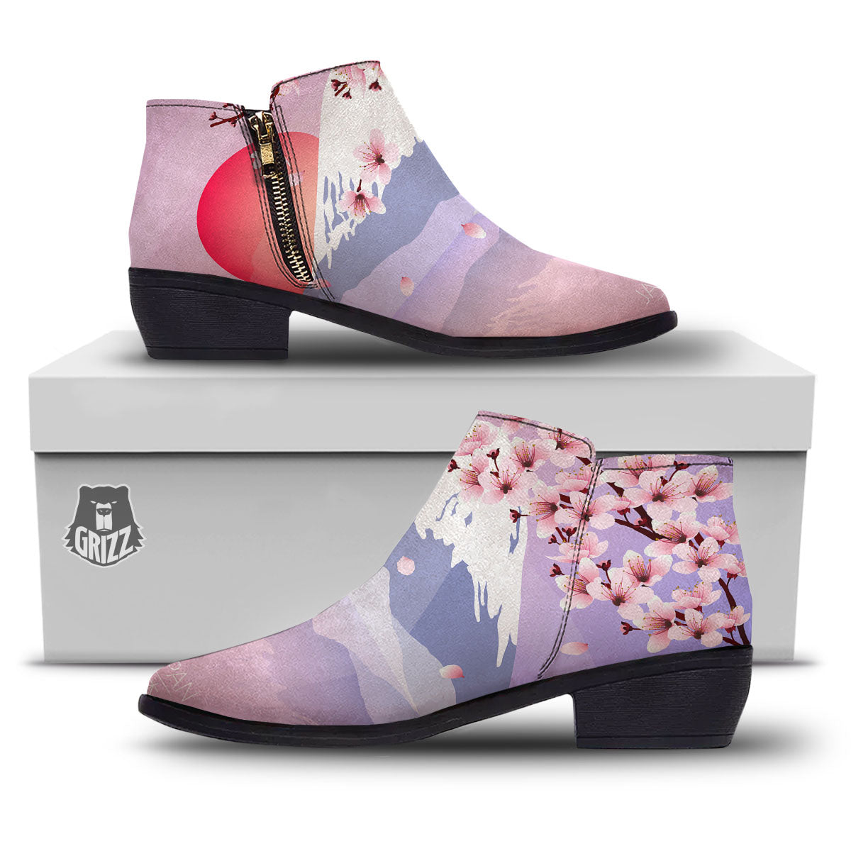 Fuji Mount And Cherry Blossom Print Ankle Boots-grizzshop