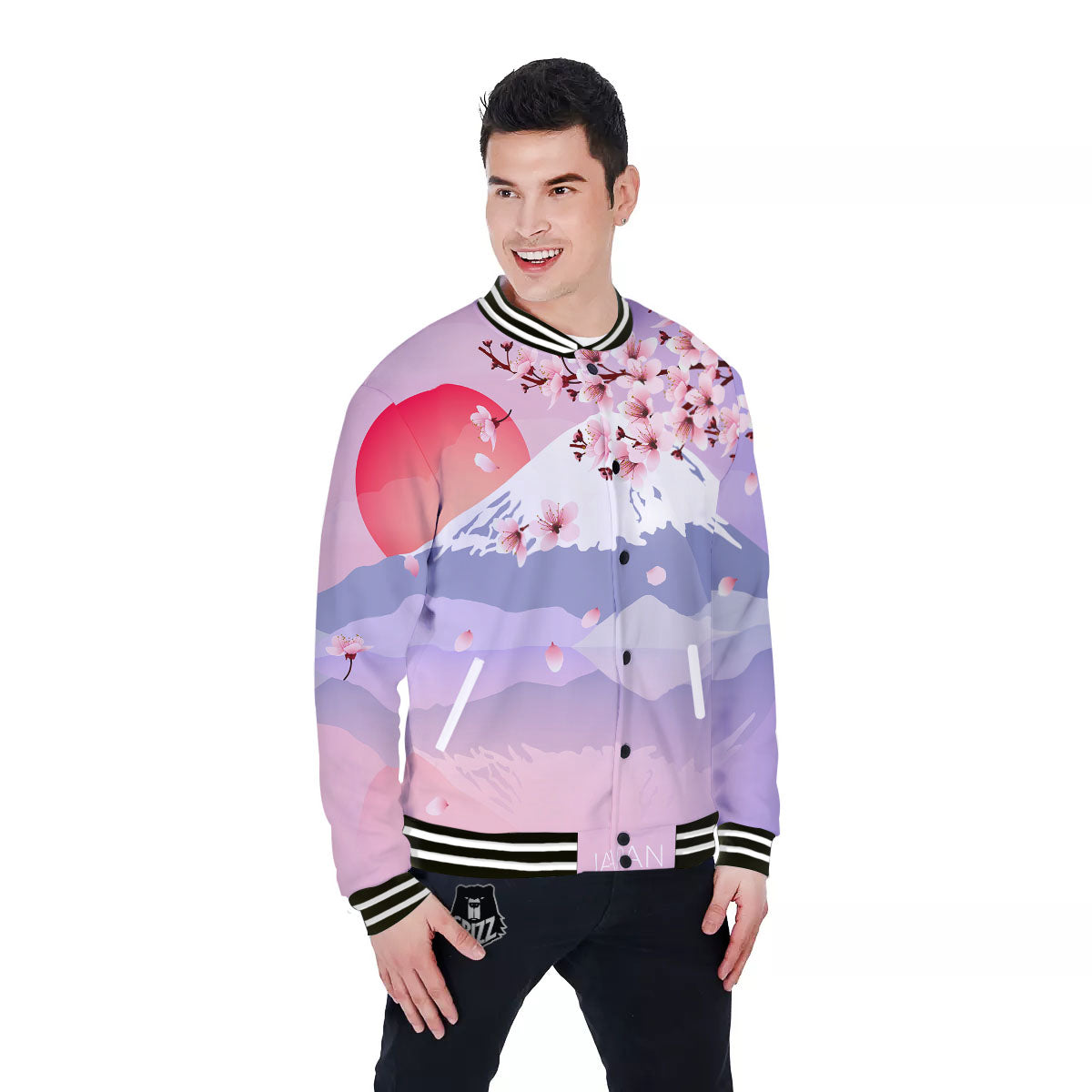 Fuji Mount And Cherry Blossom Print Baseball Jacket-grizzshop
