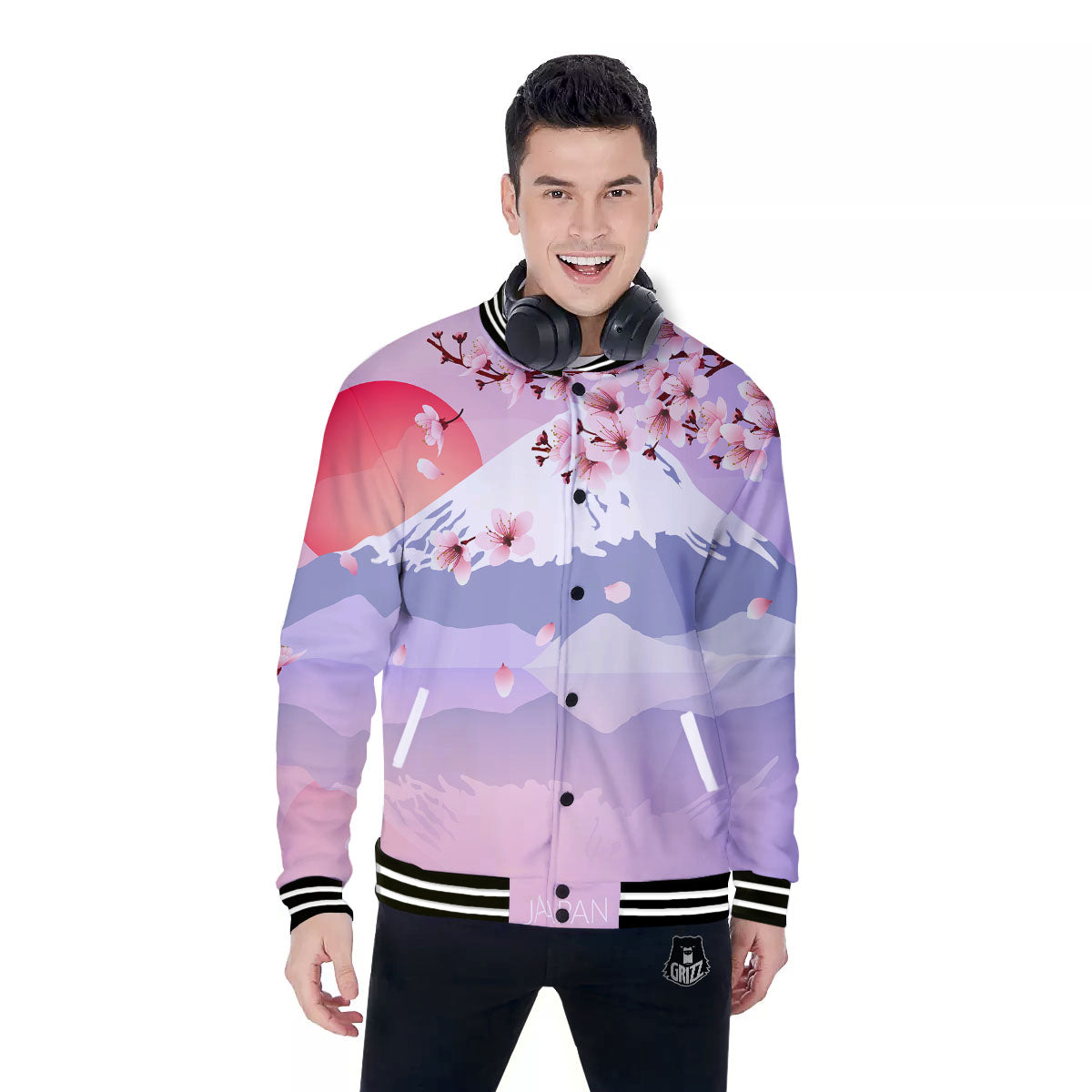 Fuji Mount And Cherry Blossom Print Baseball Jacket-grizzshop