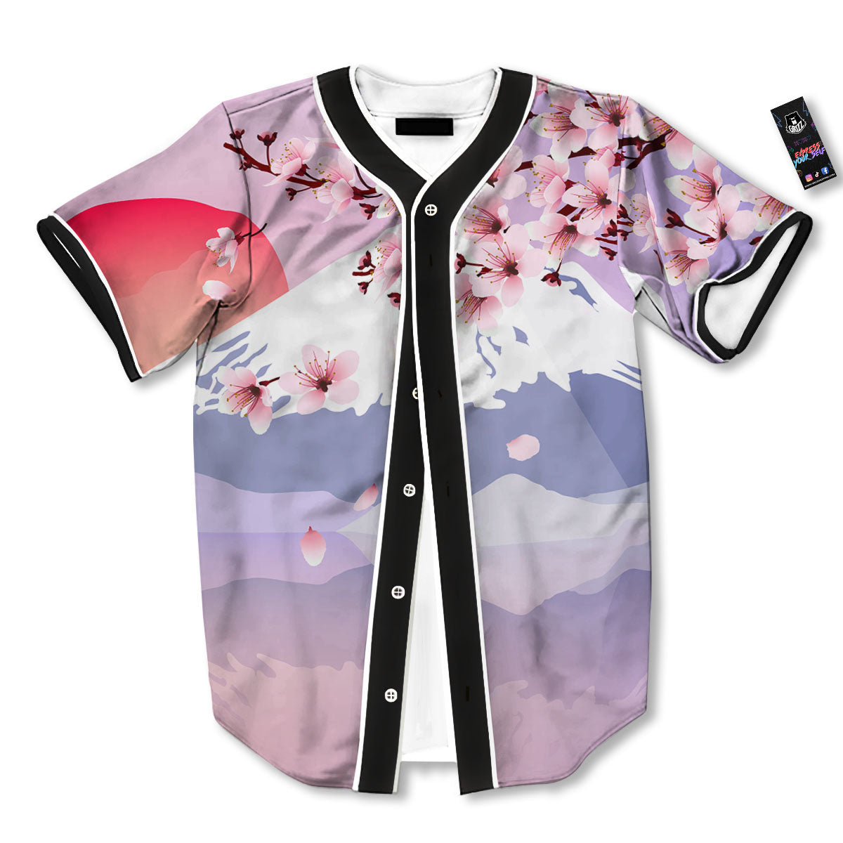 Fuji Mount And Cherry Blossom Print Baseball Jersey-grizzshop