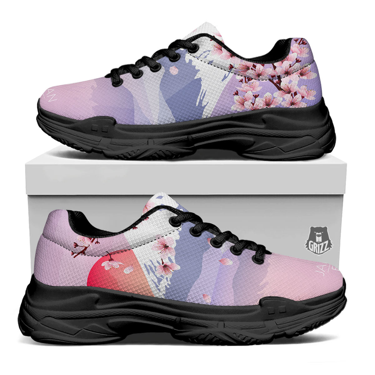 Fuji Mount And Cherry Blossom Print Black Chunky Shoes-grizzshop