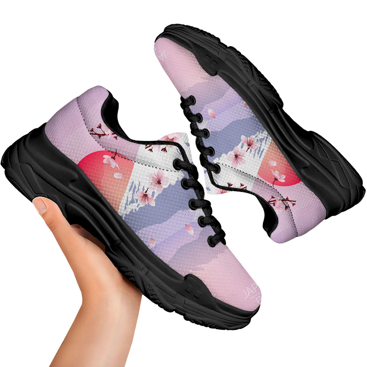 Fuji Mount And Cherry Blossom Print Black Chunky Shoes-grizzshop