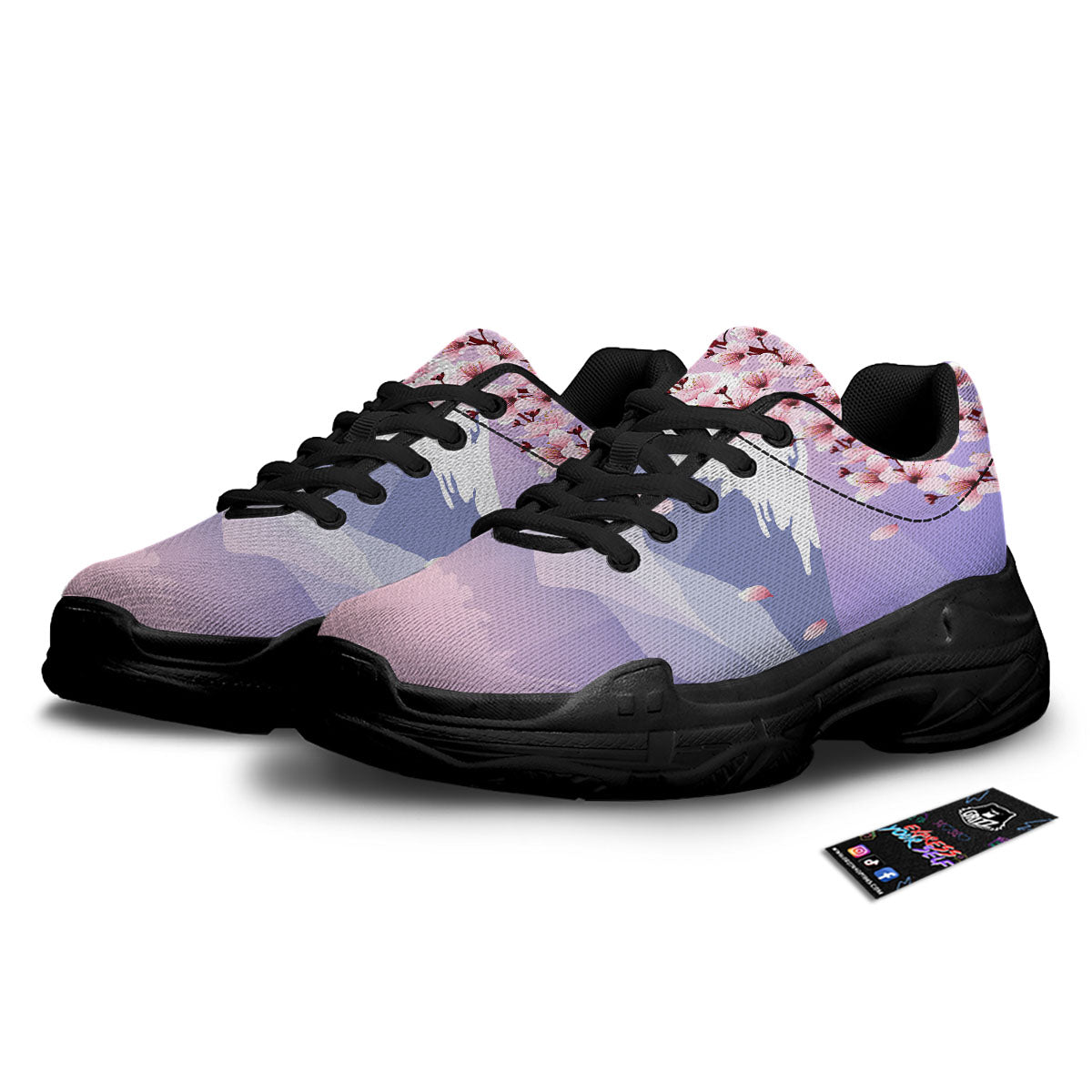Fuji Mount And Cherry Blossom Print Black Chunky Shoes-grizzshop