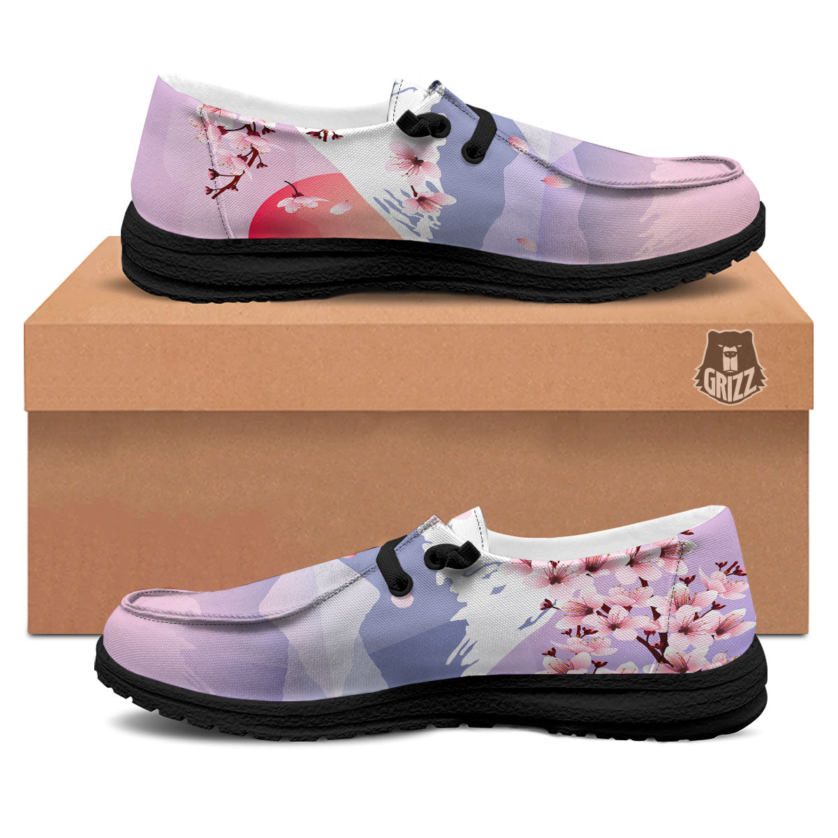 Fuji Mount And Cherry Blossom Print Black Loafers-grizzshop
