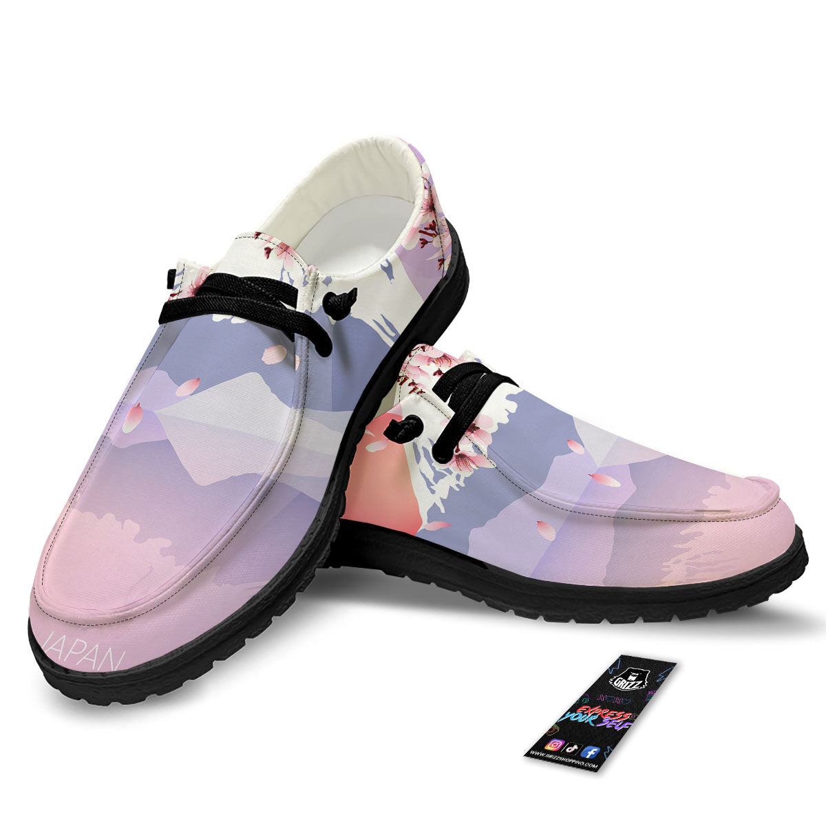 Fuji Mount And Cherry Blossom Print Black Loafers-grizzshop