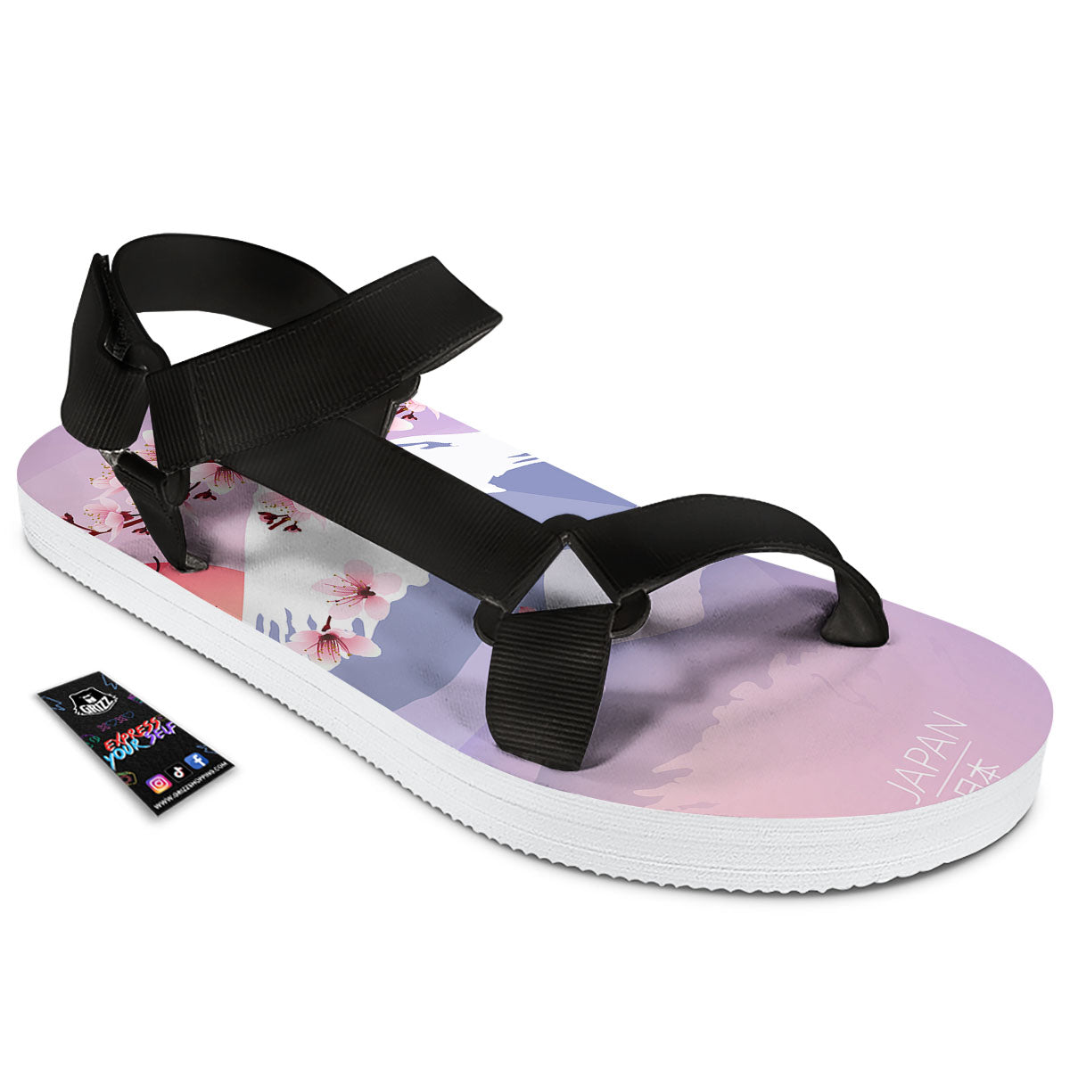 Fuji Mount And Cherry Blossom Print Black Open Toe Sandals-grizzshop