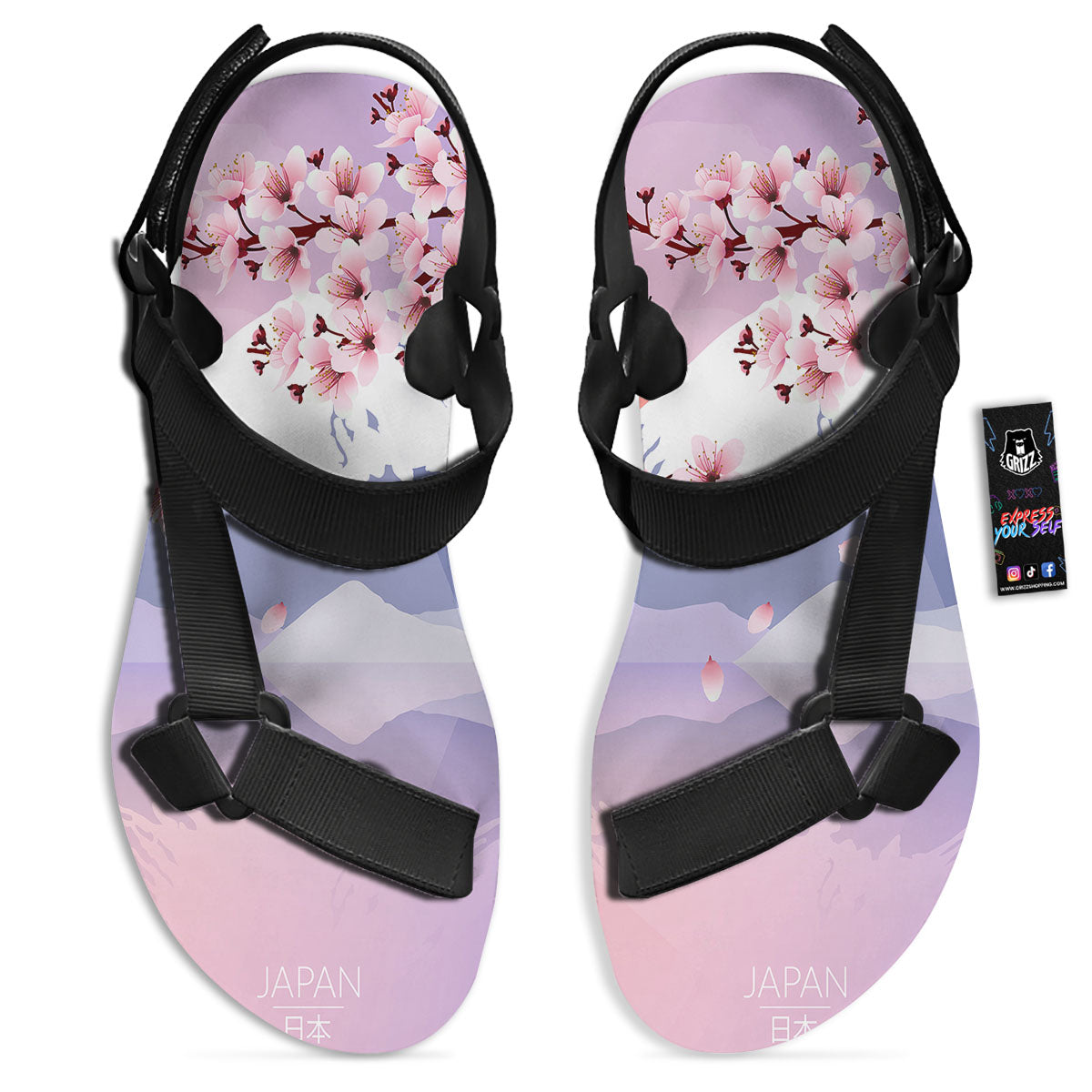 Fuji Mount And Cherry Blossom Print Black Open Toe Sandals-grizzshop