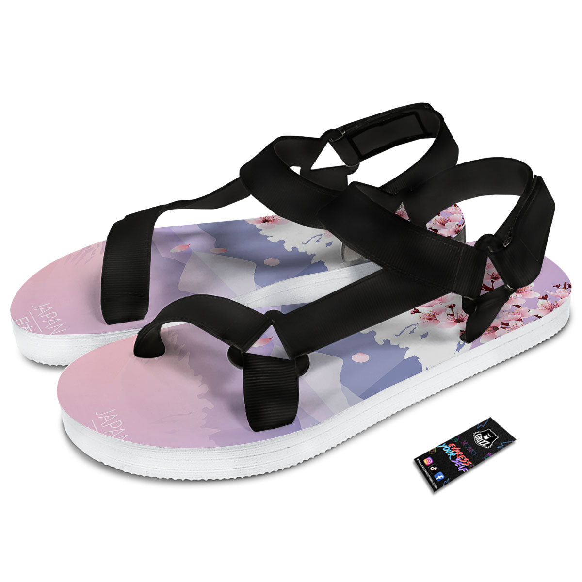 Fuji Mount And Cherry Blossom Print Black Open Toe Sandals-grizzshop