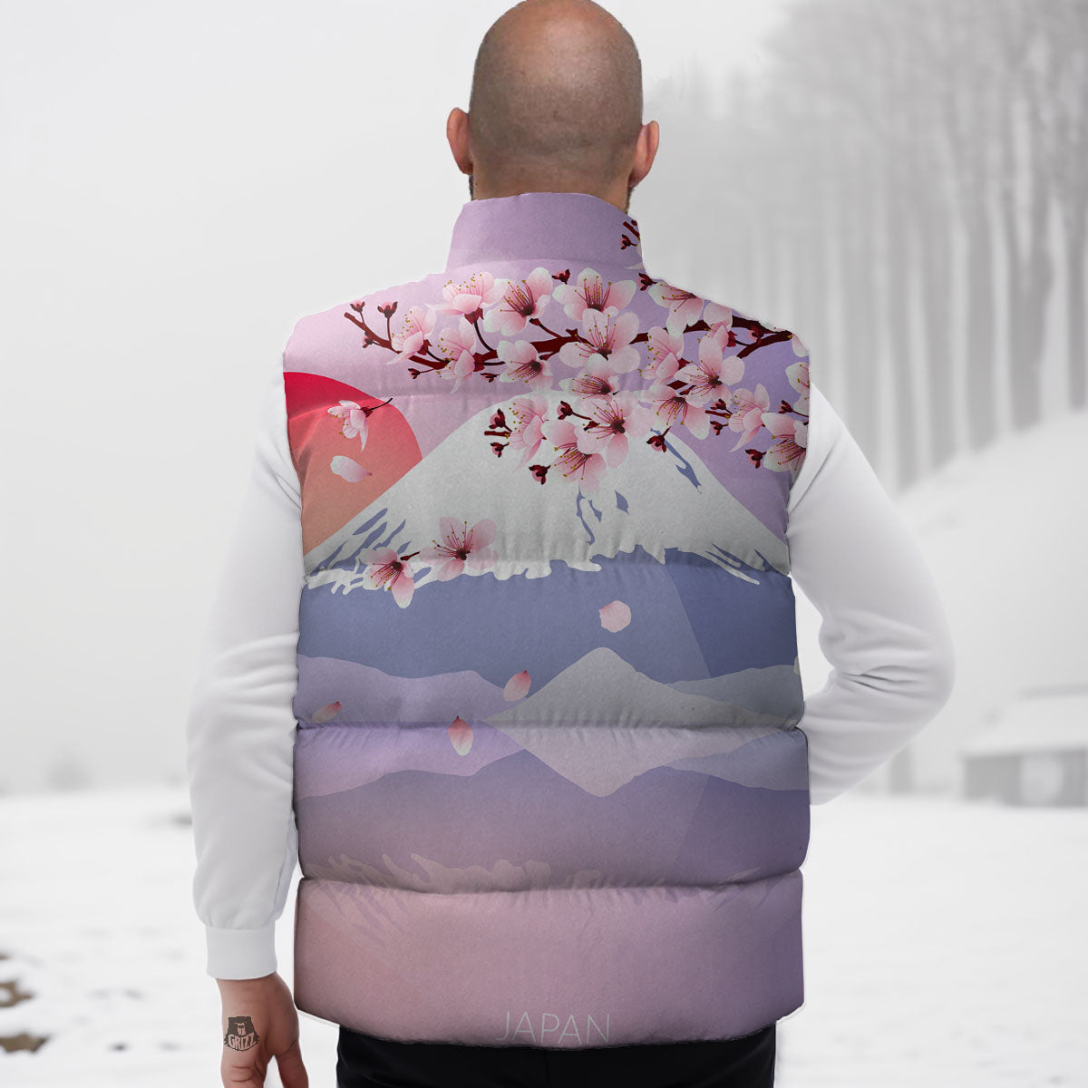 Fuji Mount And Cherry Blossom Print Down Vest