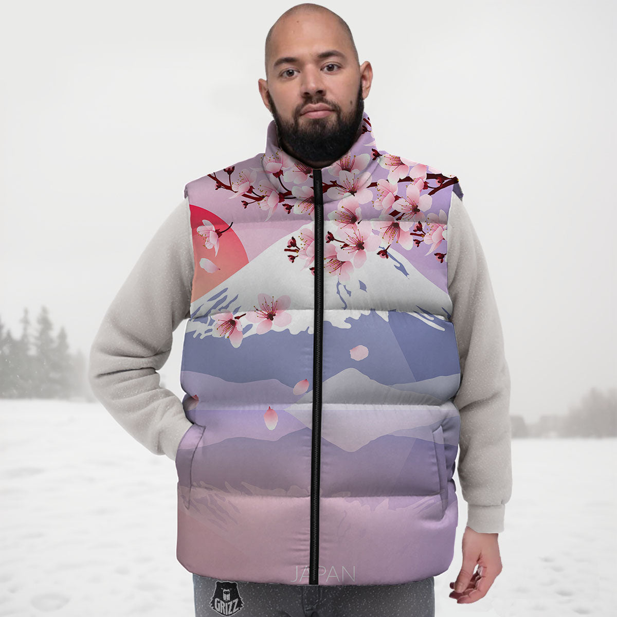 Fuji Mount And Cherry Blossom Print Down Vest