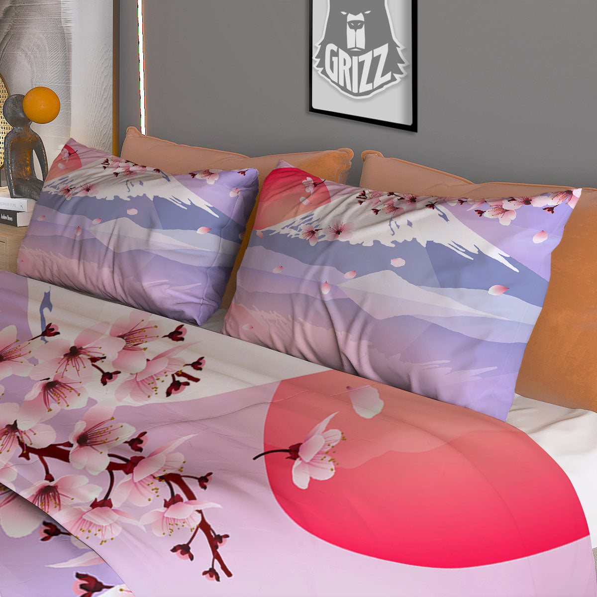 Fuji Mount And Cherry Blossom Print Duvet Cover Bedding Set
