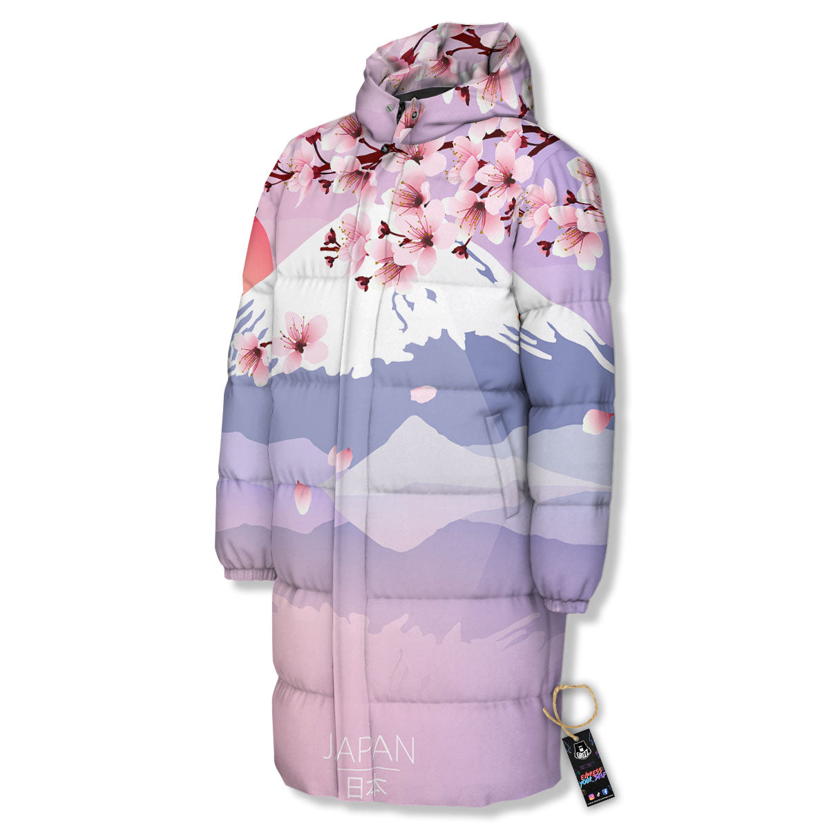 Fuji Mount And Cherry Blossom Print Long Down Jacket-grizzshop