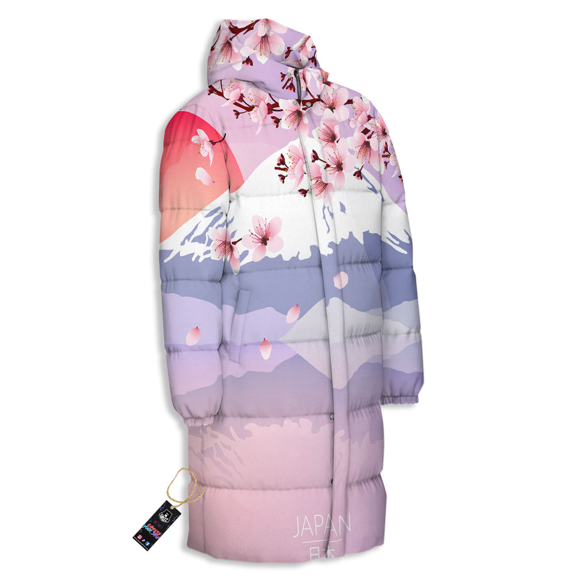 Fuji Mount And Cherry Blossom Print Long Down Jacket-grizzshop