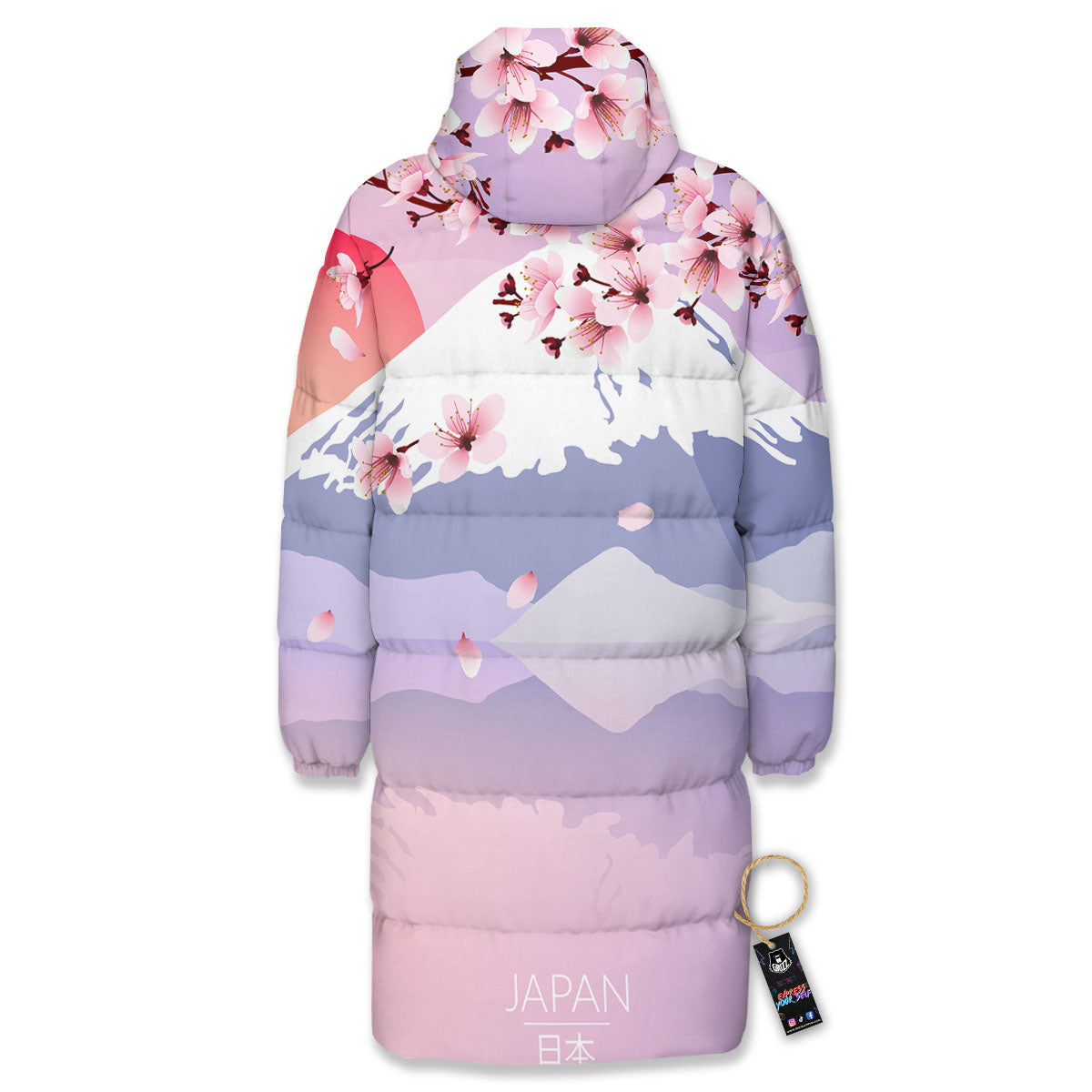 Fuji Mount And Cherry Blossom Print Long Down Jacket-grizzshop