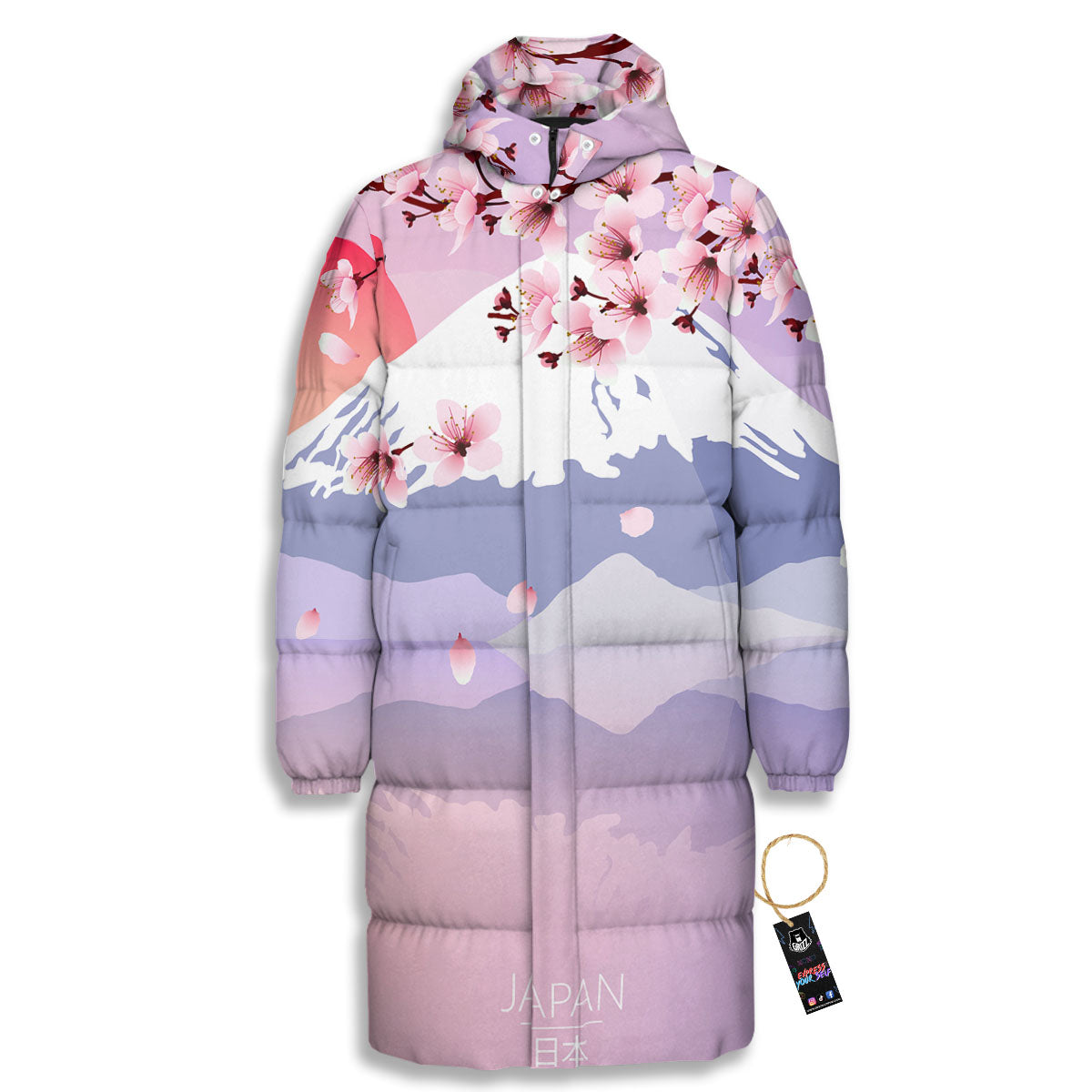 Fuji Mount And Cherry Blossom Print Long Down Jacket-grizzshop