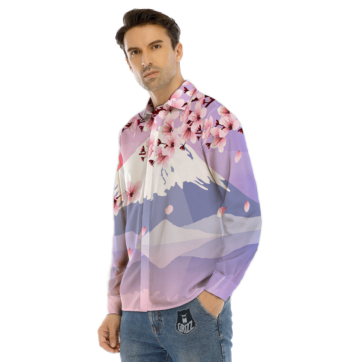 Fuji Mount And Cherry Blossom Print Men's Dress Shirts-grizzshop
