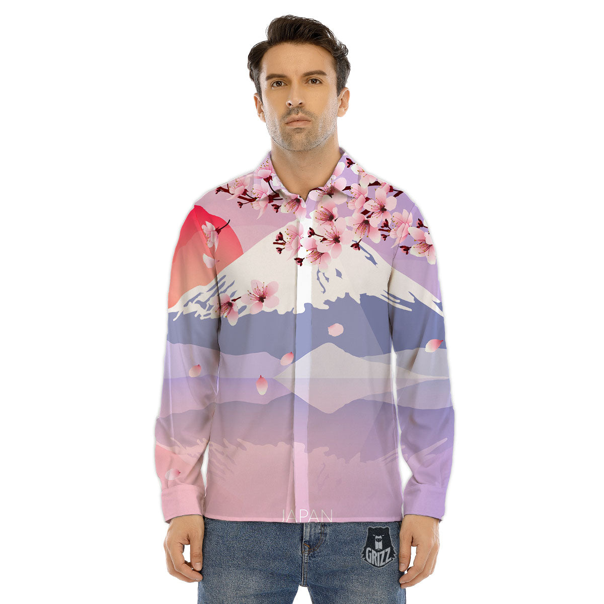 Fuji Mount And Cherry Blossom Print Men's Dress Shirts-grizzshop