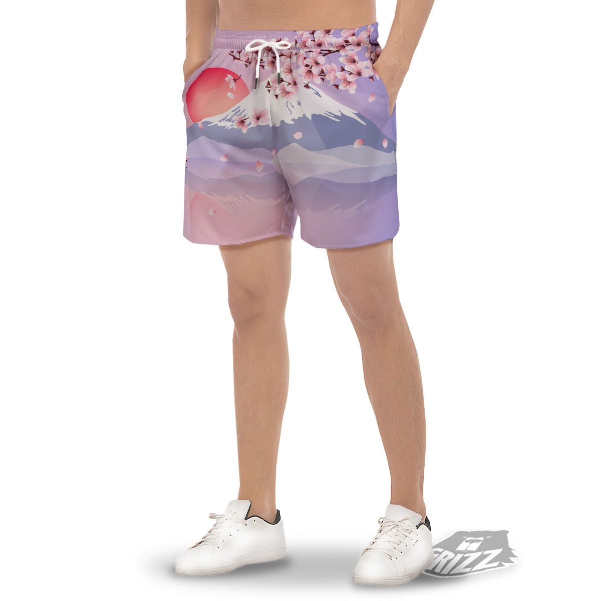 Fuji Mount And Cherry Blossom Print Men's Gym Shorts-grizzshop