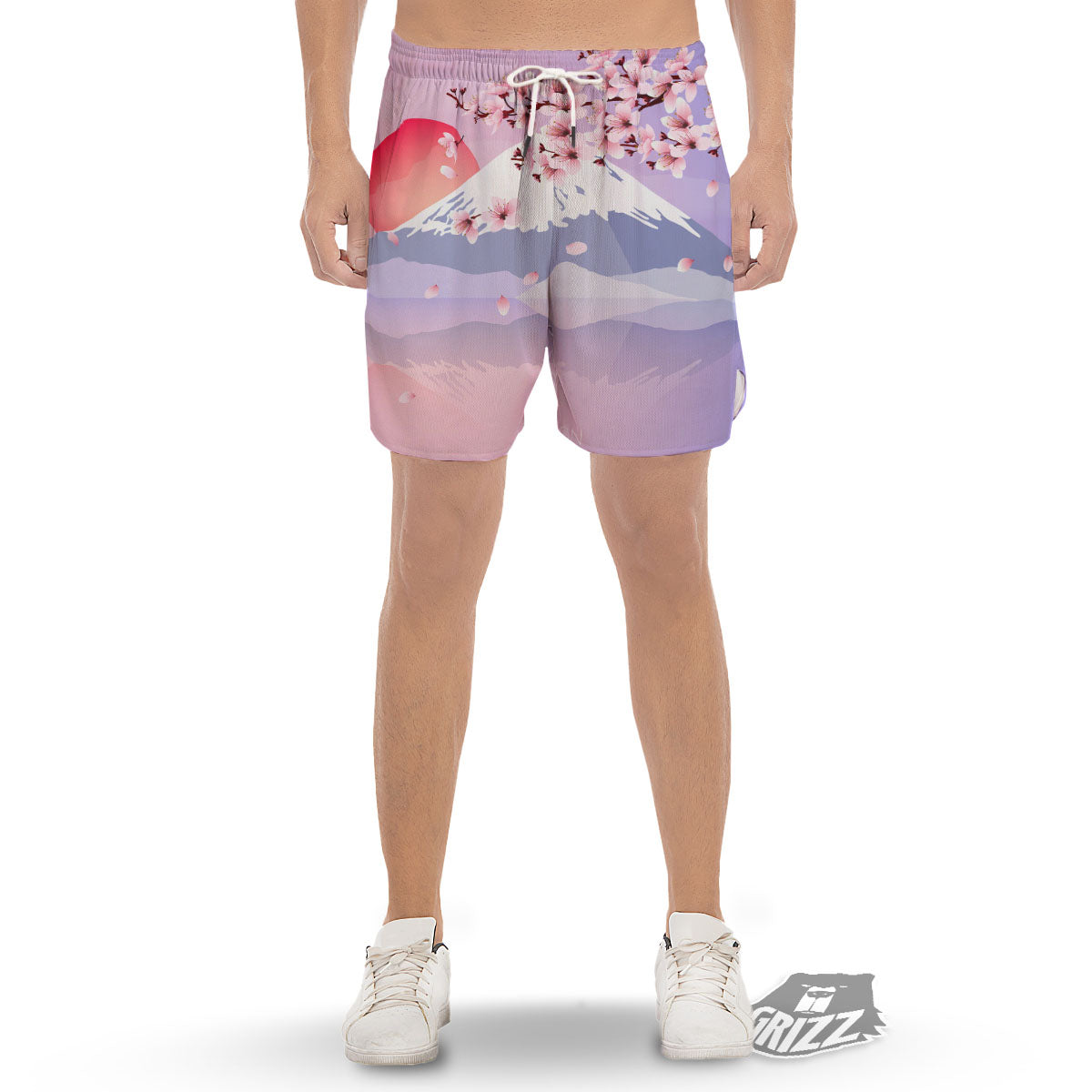 Fuji Mount And Cherry Blossom Print Men's Gym Shorts-grizzshop