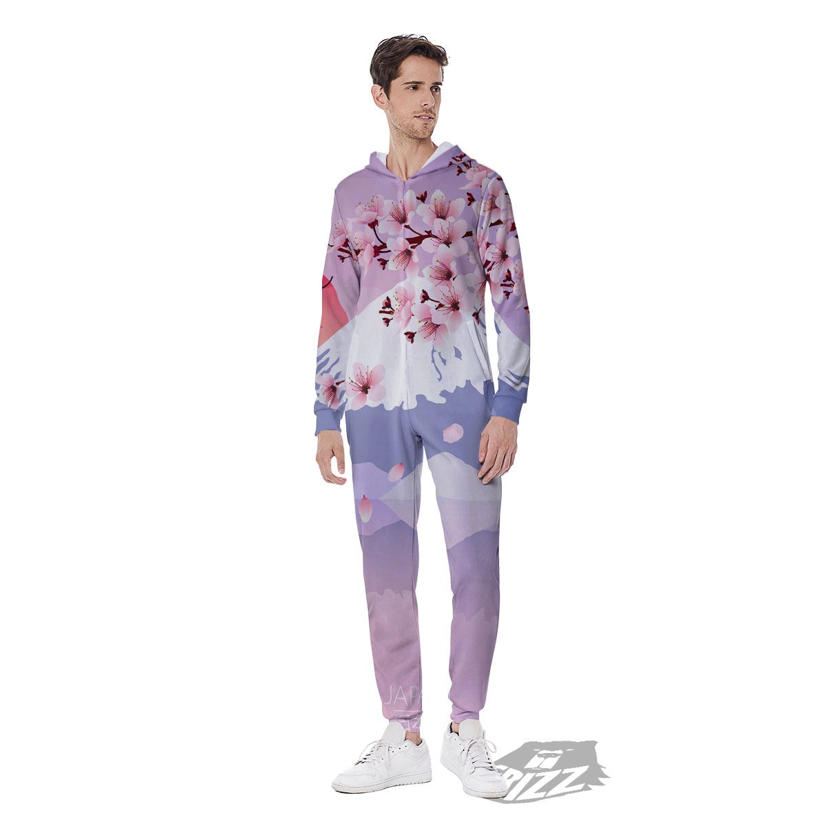 Fuji Mount And Cherry Blossom Print Men's Jumpsuit-grizzshop