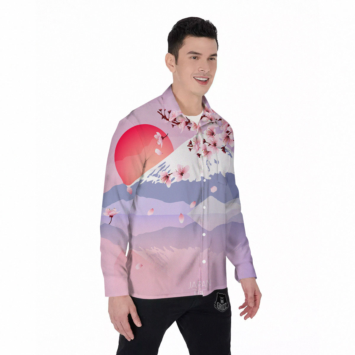 Fuji Mount And Cherry Blossom Print Men's Long Sleeve Shirts-grizzshop